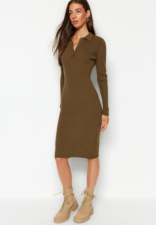 Trendyol - Midi knitwear polo neck dress - khaki