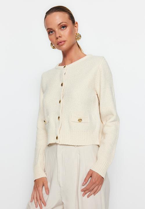 Trendyol - Crop premium yarn/special yarn pocket detailed jacket cardigan - ecru