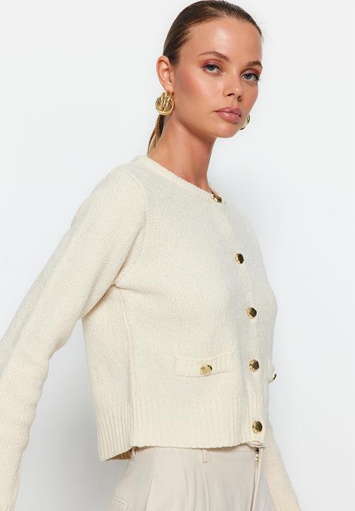 Trendyol - Crop premium yarn/special yarn pocket detailed jacket cardigan - ecru