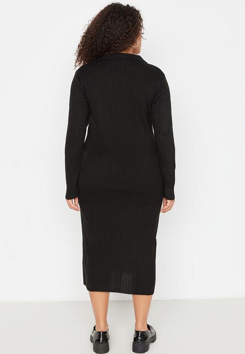 Trendyol - Plus polo neck ribbed dress - black