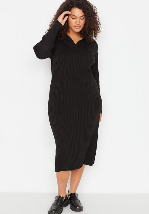 Trendyol - Plus polo neck ribbed dress - black