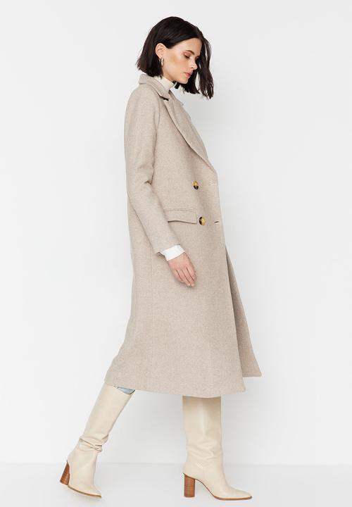 Trendyol - Herringbone patterned long cachet coat - brown 