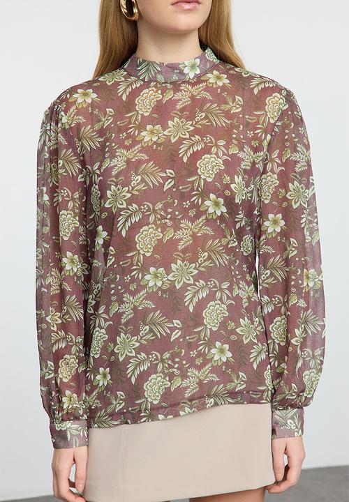 Trendyol - Floral patterned oversize woven blouse - brown 