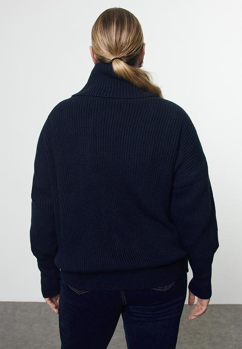 Trendyol - Blue Turn-Down Collar Zippered Crop Cardigan - Navy 