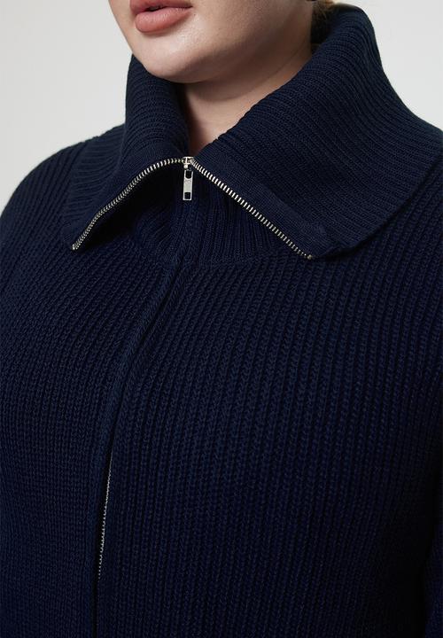 Trendyol - Blue Turn-Down Collar Zippered Crop Cardigan - Navy 