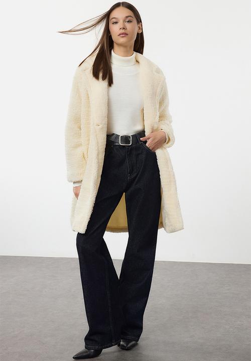 Trendyol - Regular plush midi coat - ecru 