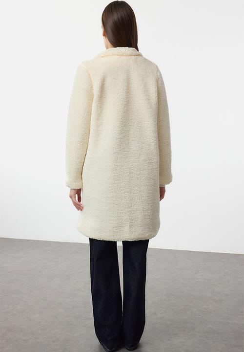 Trendyol - Regular plush midi coat - ecru 