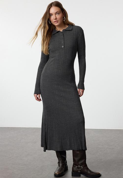 Trendyol - Polo Button-down Collar Rib Knit - Anthracite 