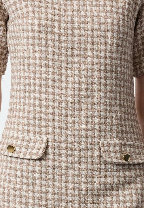Trendyol - Houndstooth straight cut button detailed tweed woven dress - cream 