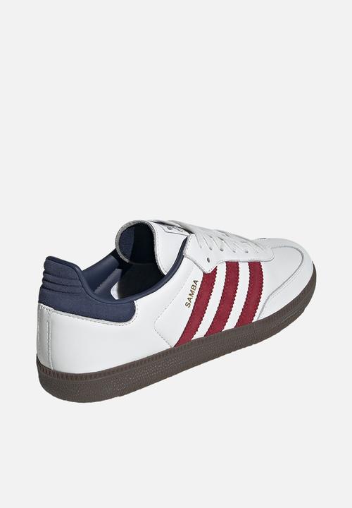 adidas superstar white red and blue stripe trainers