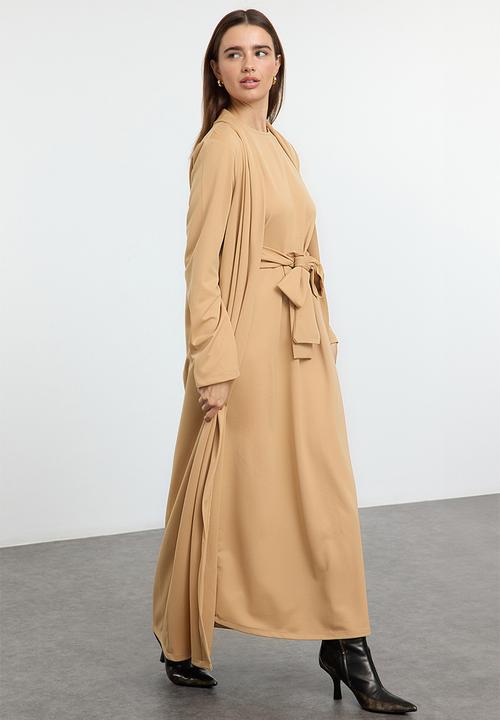 Trendyol - Belt Detailed Knitted Cardigan Dress - Mink 