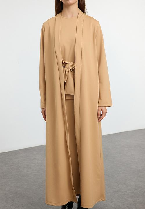 Trendyol - Belt Detailed Knitted Cardigan Dress - Mink 