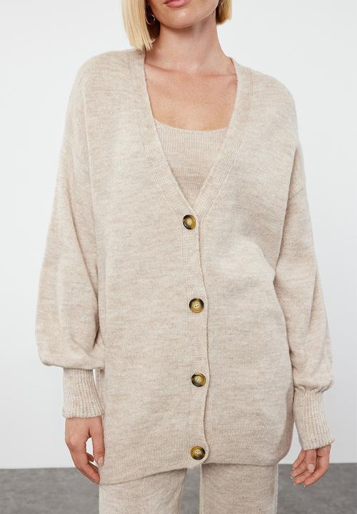Trendyol - Wide fit soft textured 3-piece knitwear bottom-top set - stone 