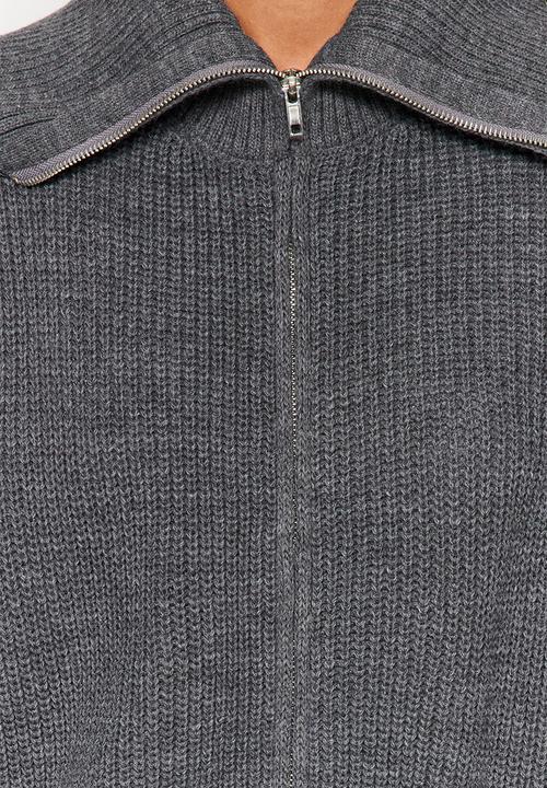 Trendyol - Wide pattern turndown collar zippered knitwear cardigan - anthracite 