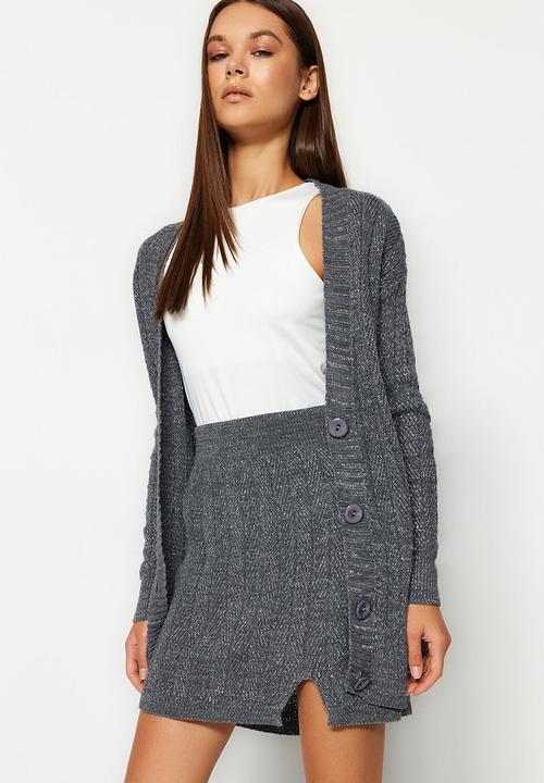 Trendyol - Silvery skirt-cardigan knitwear two piece set - anthracite 
