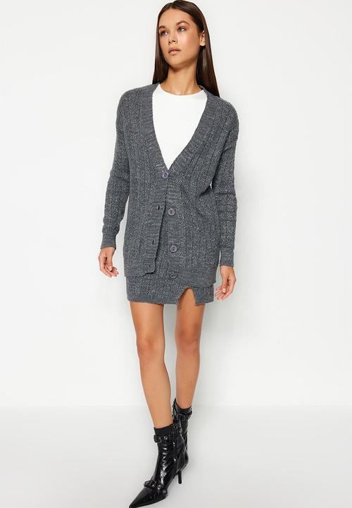 Trendyol - Silvery skirt-cardigan knitwear two piece set - anthracite 