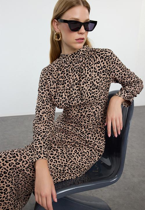 Trendyol - Animal pattern collar drape detailed a-line midi woven dress - brown  