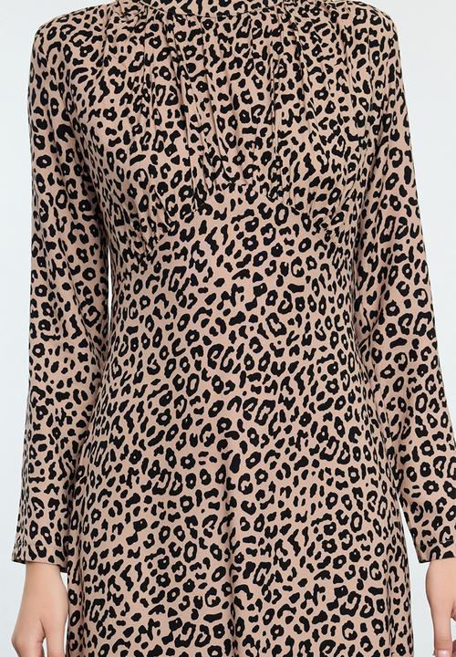 Trendyol - Animal pattern collar drape detailed a-line midi woven dress - brown  