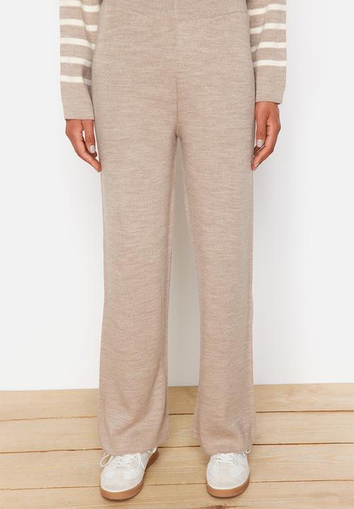 Trendyol - Mink Striped Collar Tie Detailed Sweater-Pants Bottom-Top