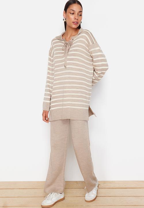 Trendyol - Mink Striped Collar Tie Detailed Sweater-Pants Bottom-Top