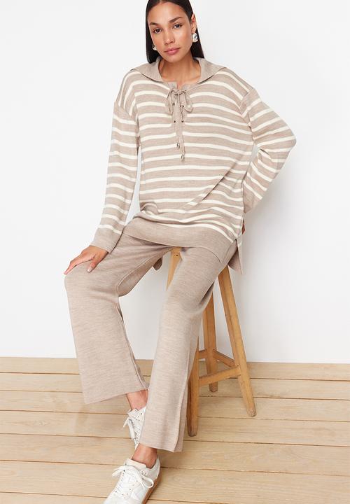 Trendyol - Mink Striped Collar Tie Detailed Sweater-Pants Bottom-Top