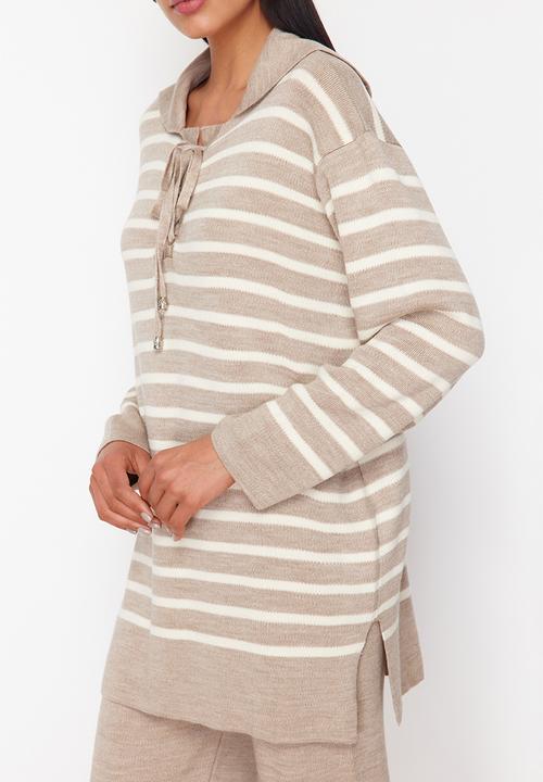 Trendyol - Mink Striped Collar Tie Detailed Sweater-Pants Bottom-Top