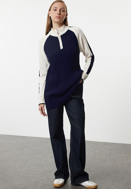 Trendyol - Colour block zipper collar sweater - navy blue