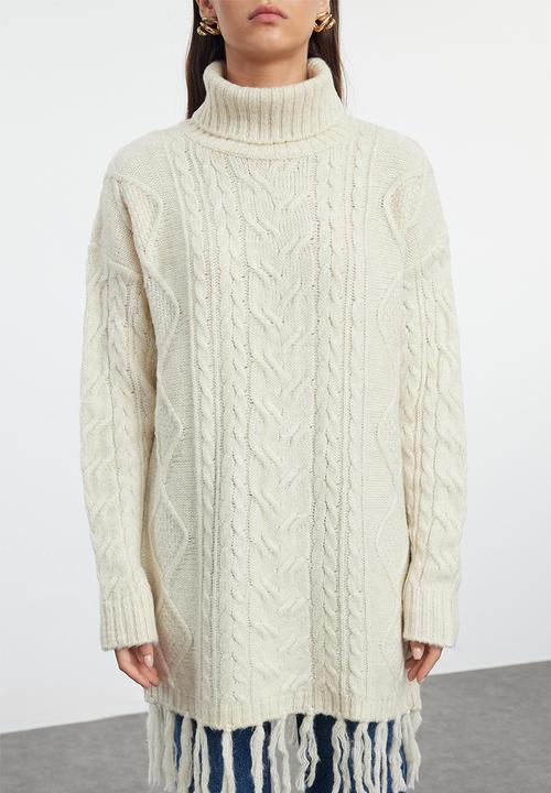 Trendyol - Hair knitted patterned tassel sweater - stone 