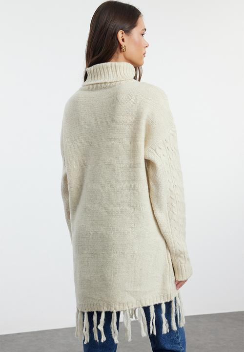 Trendyol - Hair knitted patterned tassel sweater - stone 