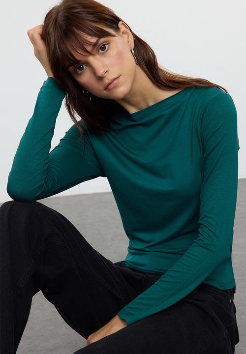 Trendyol - Dark green fitted long sleeve bateau neck viscose stretch knitted top