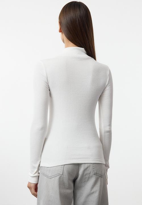 Trendyol - Ecru stand collar long sleeve fitted ribbed stretch knitted top
