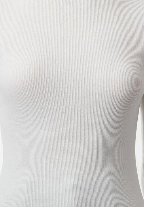 Trendyol - Ecru stand collar long sleeve fitted ribbed stretch knitted top