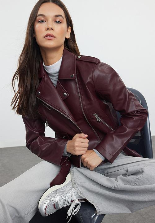 Trendyol - Regular faux leather biker jacket - claret red 