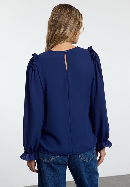 Trendyol - Long sleeve stand collar woven blouse - navy blue