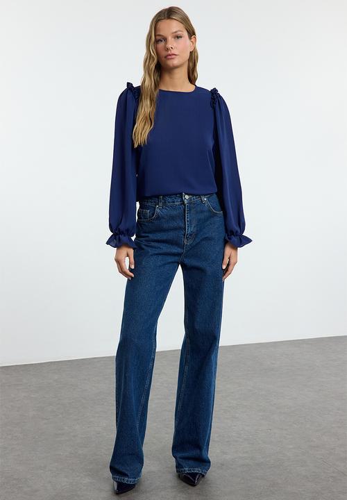 Trendyol - Long sleeve stand collar woven blouse - navy blue