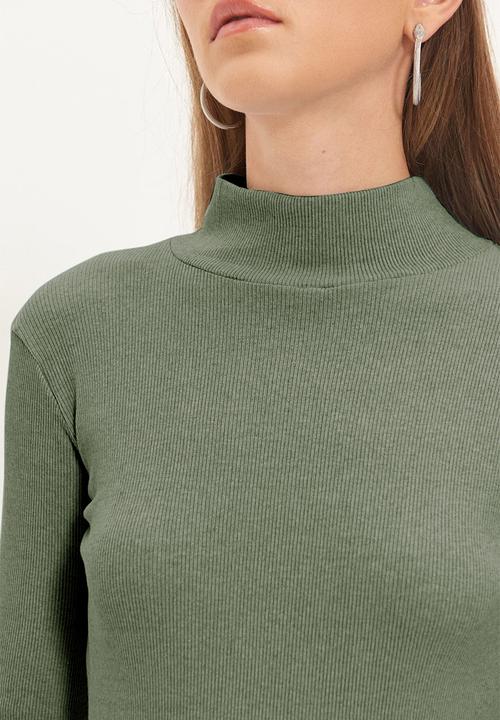Trendyol - Fitted/body-sit stand collar long sleeve elastic ribbed top - khaki