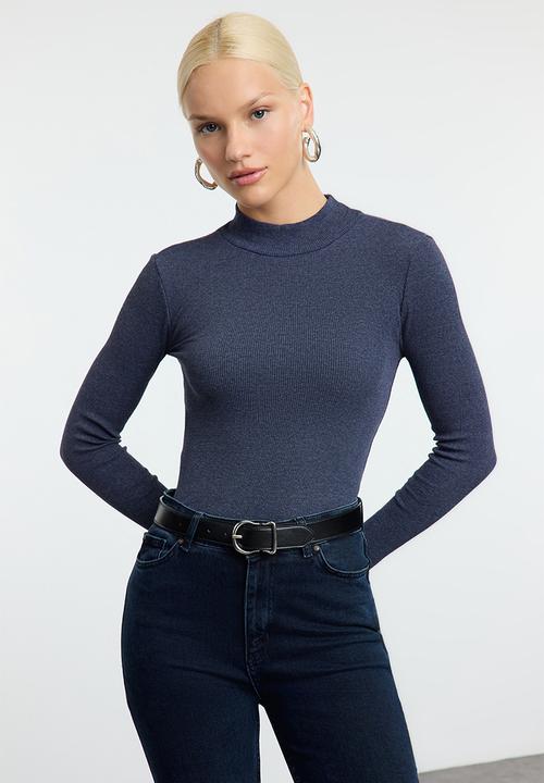 Trendyol - Fitted high neck long sleeve ribbed stretchy knitted top - indigo 