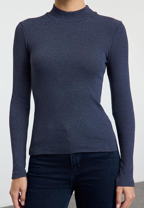 Trendyol - Fitted high neck long sleeve ribbed stretchy knitted top - indigo 
