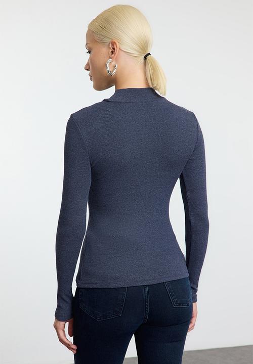 Trendyol - Fitted high neck long sleeve ribbed stretchy knitted top - indigo 