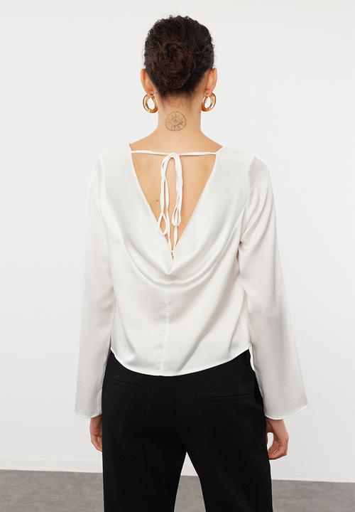 Trendyol - Detailed satin woven blouse - ecru & back
