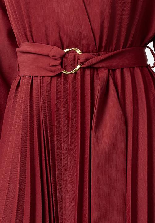 Trendyol -  Belted pleated double breasted collar maxi woven dress - burgundy 