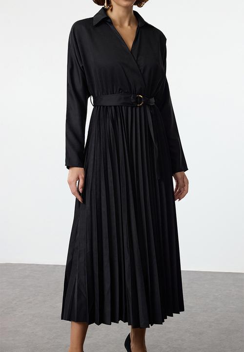 Trendyol - Belted skirt pleated double breasted collar maxi woven dress - black