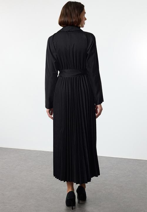 Trendyol - Belted skirt pleated double breasted collar maxi woven dress - black