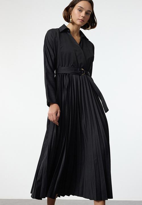 Trendyol - Belted skirt pleated double breasted collar maxi woven dress - black