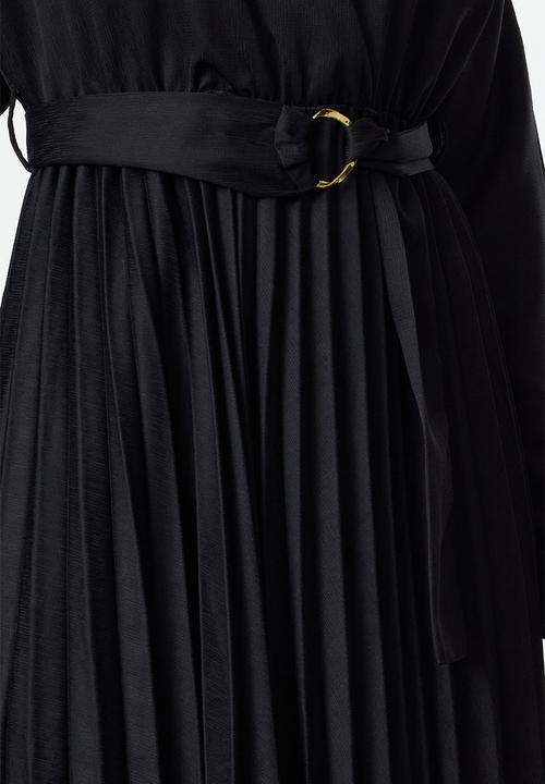 Trendyol - Belted skirt pleated double breasted collar maxi woven dress - black