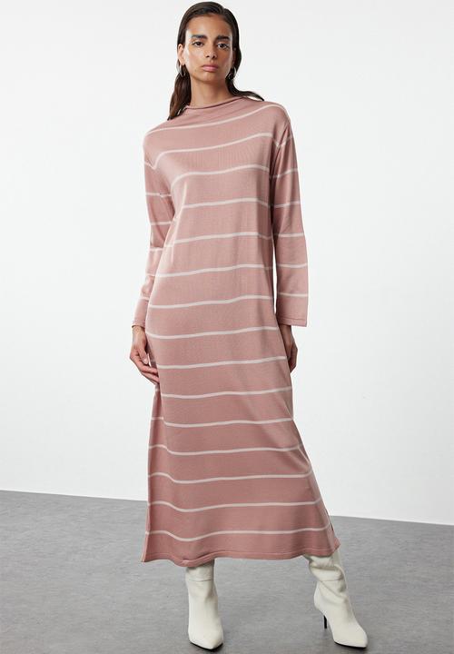 Trendyol - Stand collar striped knit - dusty rose
