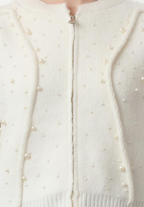 Trendyol - Soft textured zippered stone embroidered coat-look knitwear - ecru
