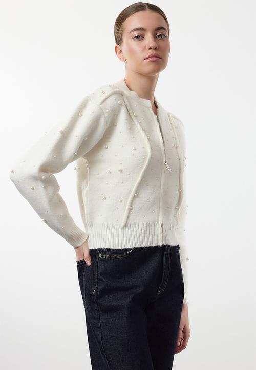 Trendyol - Soft textured zippered stone embroidered coat-look knitwear - ecru