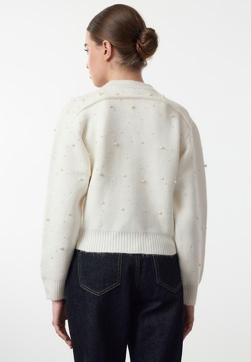 Trendyol - Soft textured zippered stone embroidered coat-look knitwear - ecru