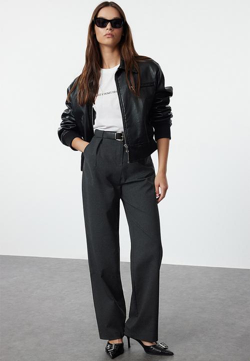 Trendyol - Anthracite belted straight cut woven fabric trousers